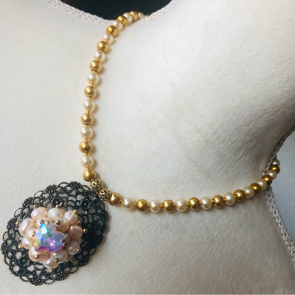 Handcrafted repurpose pearl cluster filigree pendant Czech glass Pearl necklace